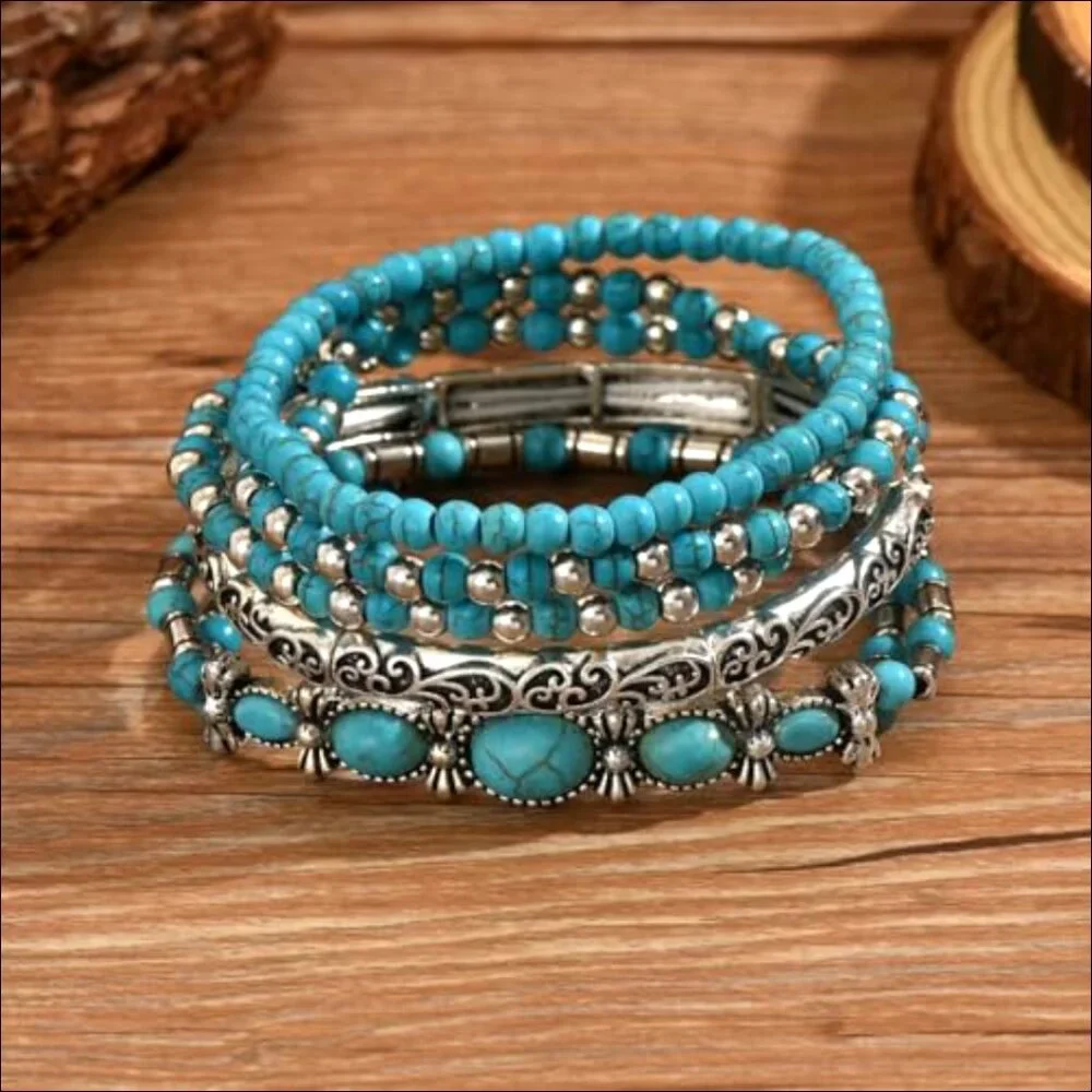 Stretch Turquoise Beaded Bracelet Set, Boho Western Stackable Jewelry - Picture 4 of 7